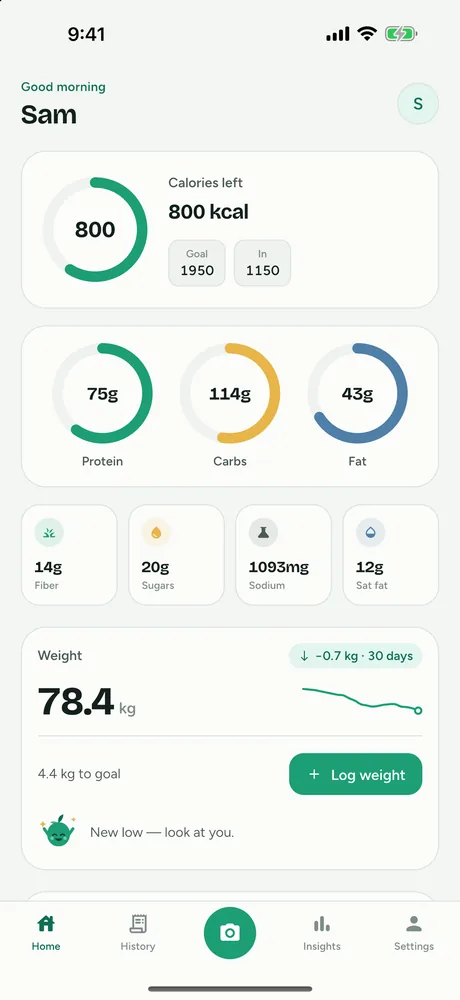 FitFoodie Today screen: calorie ring with remaining kilocalories, protein, carbs and fat bars, and the day's logged meals