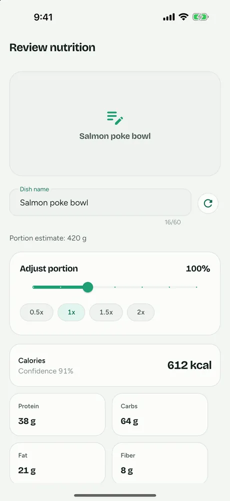 Meal review screen listing detected foods with editable portions and calories