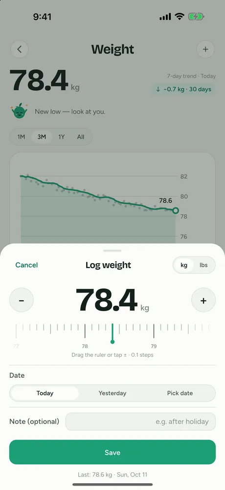 Log weight sheet with a large number, a draggable ruler and plus and minus steppers