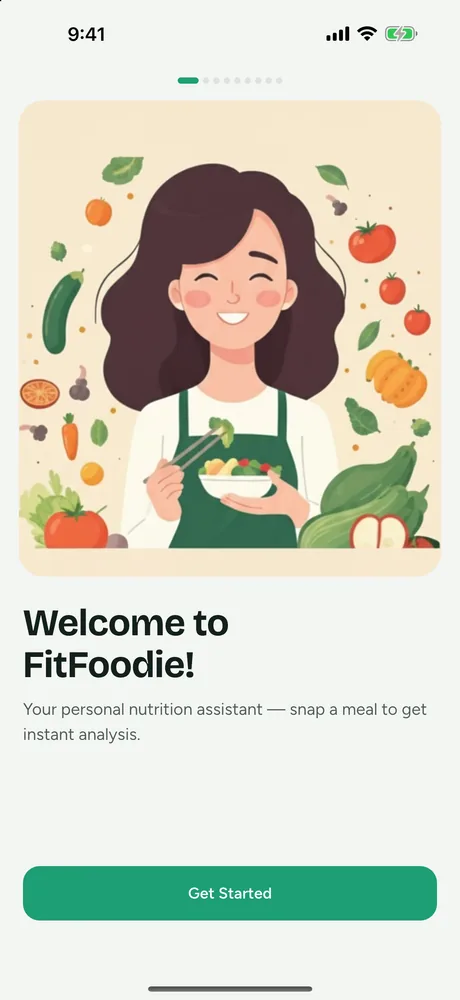 Welcome screen with the FitFoodie illustration and sign-in options